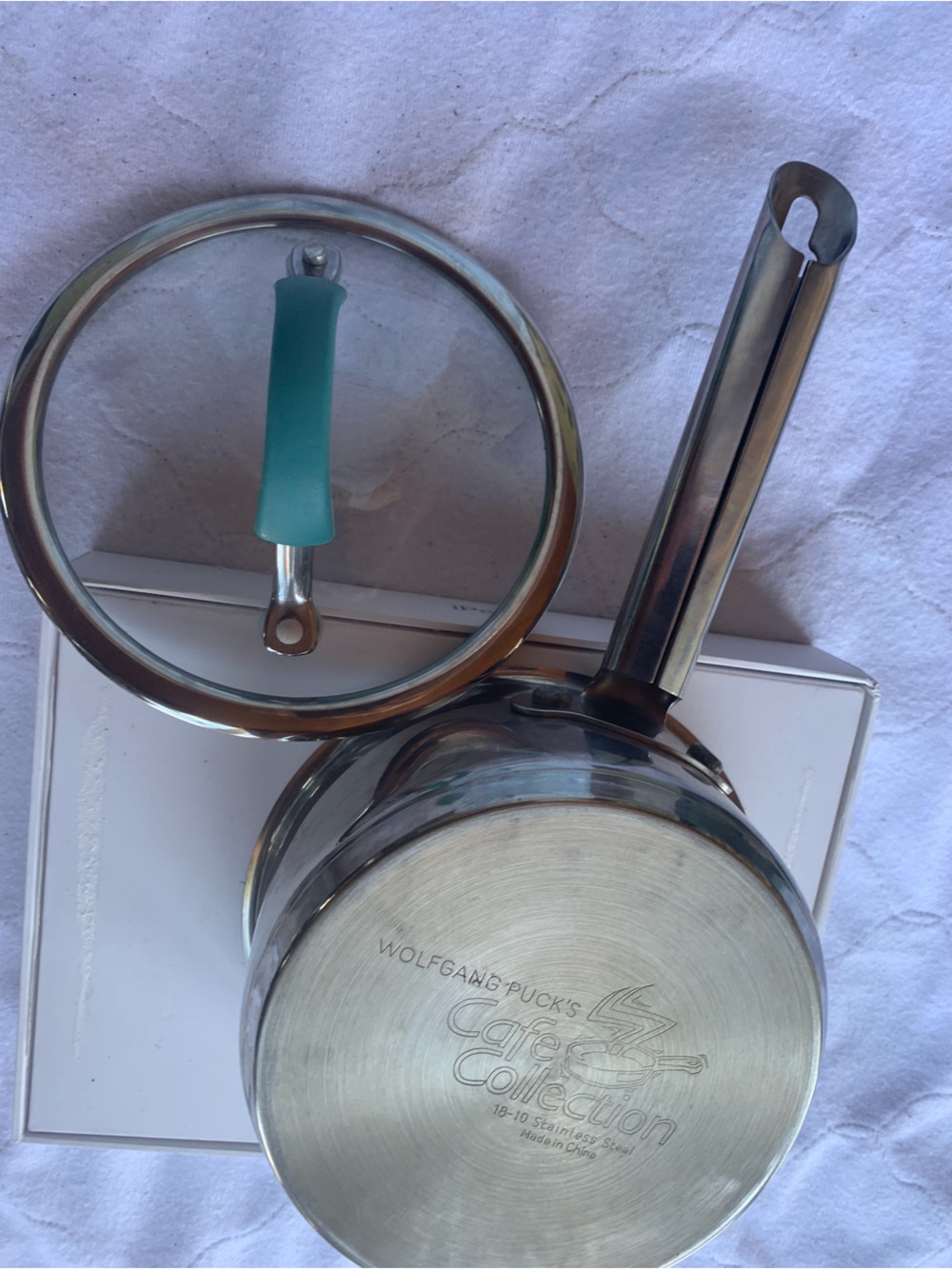 Wolfgang Puck Cafe Collection Stainless Saucepan with Lid - Teal Handle 1 1/2 qt